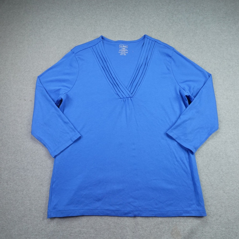 LL Bean Top Womens L Blue Pintuck V-Neck Casual 3/4 Sleeve Supima Cotton